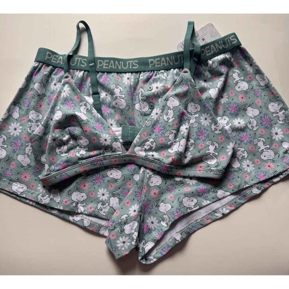 Peanuts Snoopy Floral Bralette and Shorts Lounge Set Green Size M